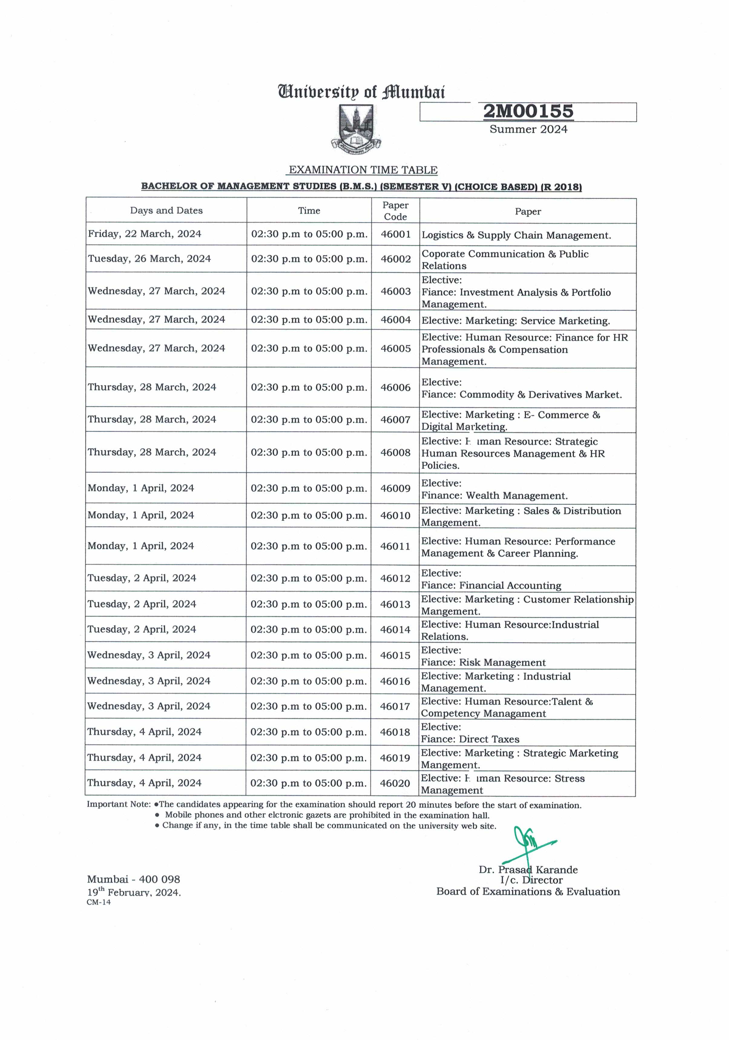 University Exam Time Table March 2024 Burhani College